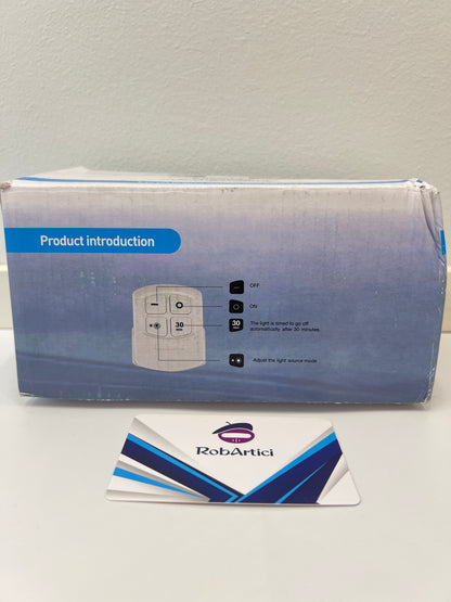 CYCG round LED light retail packaging front view, showcasing how to use the remote control.