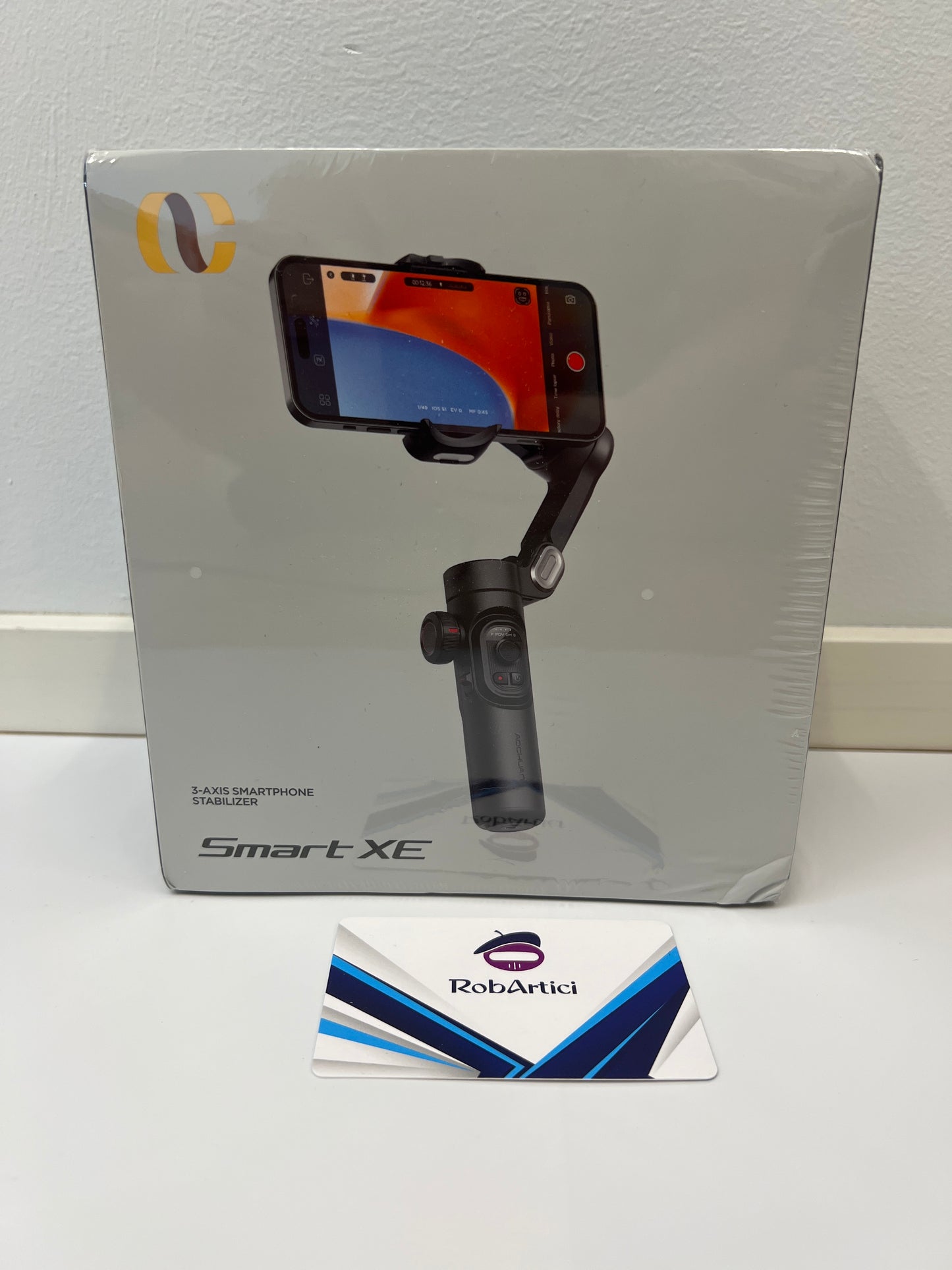 220JP8273 3-axis handheld smartphone stabilizer front view of the retail packaging box.