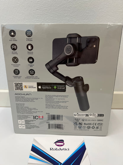 220JP8273 3-axis handheld smartphone stabilizer back view of the retail packaging box showcasing product features. 