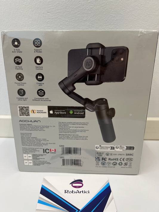 220JP8273 3-axis handheld smartphone stabilizer back view of the retail packaging box showcasing product features. 