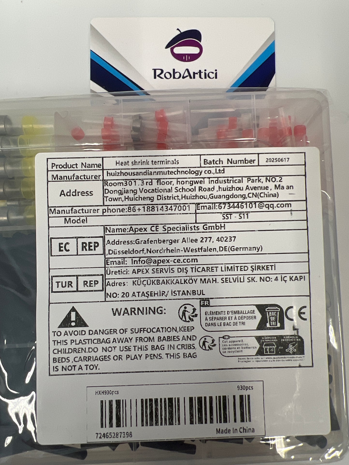 930pcs heat shrink terminal kit close up view of product information.