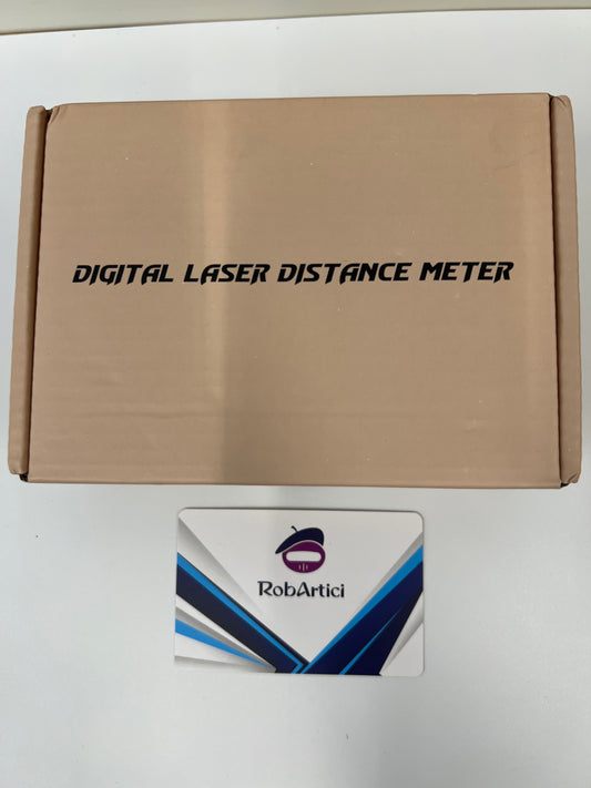 E-100 portable digital laser distance meter retail packaging, front view.