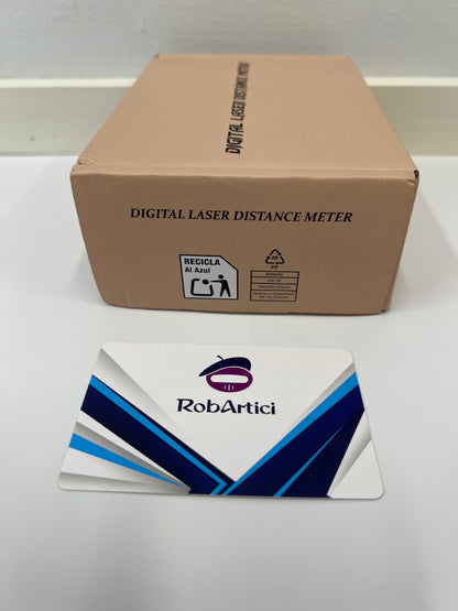 E-100 portable digital laser distance meter retail packaging.