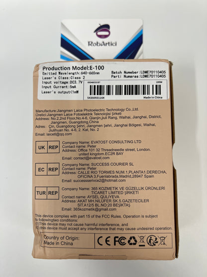 E-100 portable digital laser distance meter retail packaging showcasing product information.