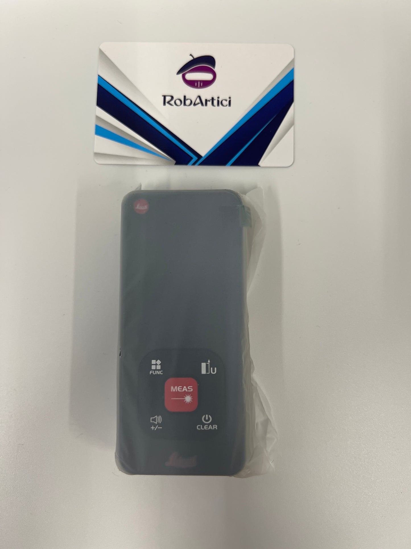 E-100 portable digital laser distance meter font view, showcasing digital display monitor and control buttons. 