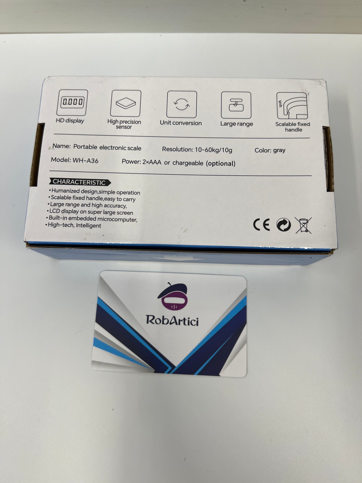 High precision handheld electronic scale retail packaging showcasing product information. 