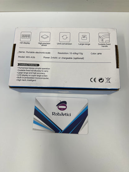 High precision handheld electronic scale retail packaging showcasing product information. 