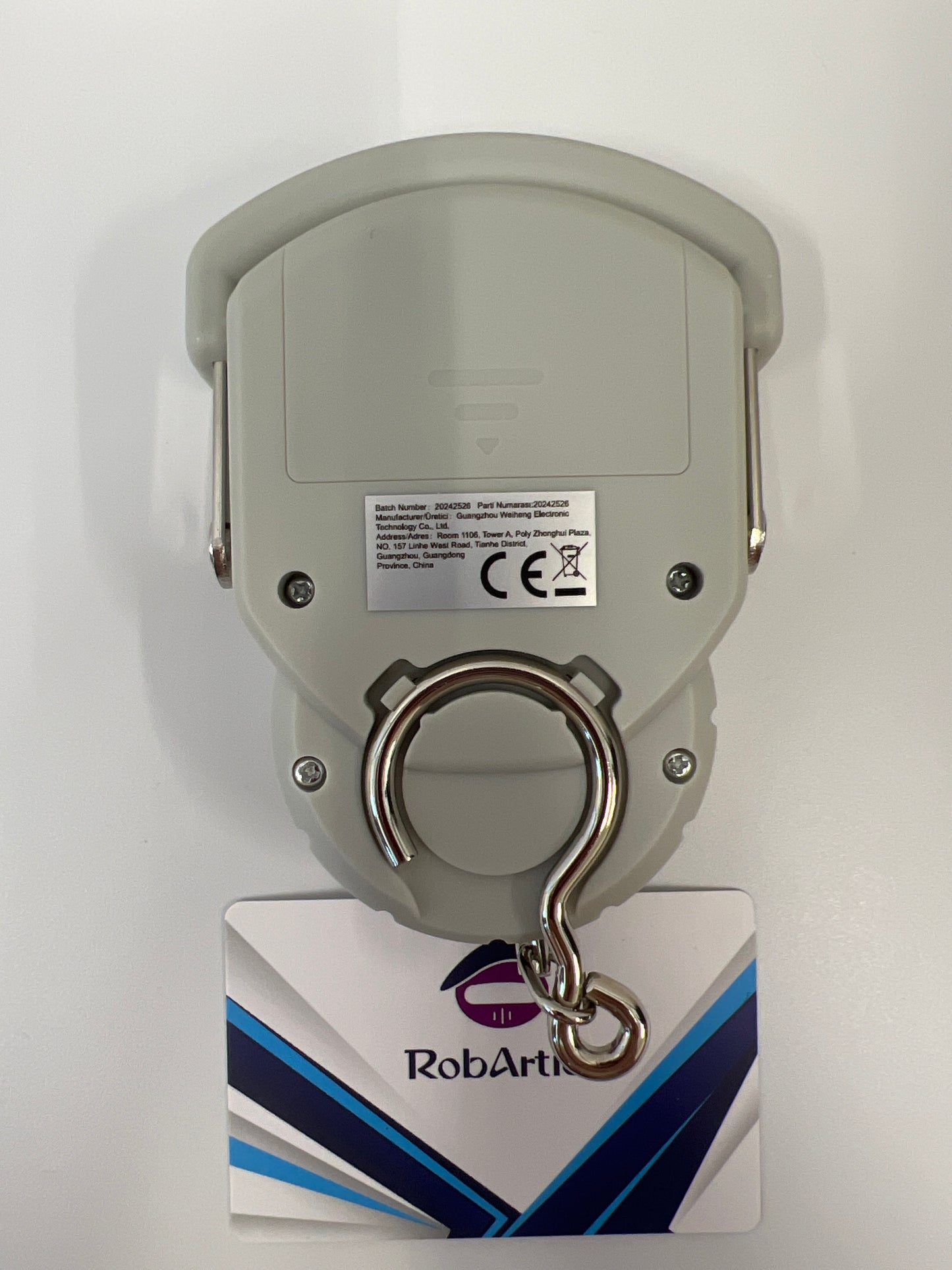 High precision handheld electronic scale back view with product information.