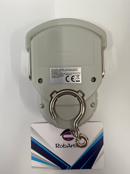 High precision handheld electronic scale back view with product information.