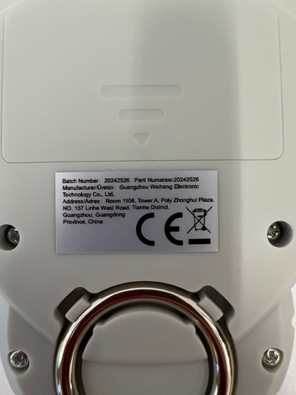 High precision handheld electronic scale close up view with product information. 