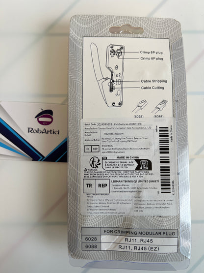 Modular plug crimper tool retail packaging showcasing product information.