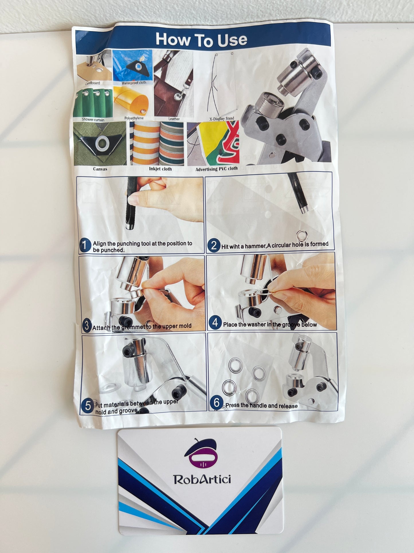 Pliers and grommet DIY tool kit user instructions.