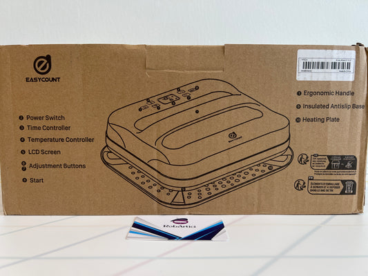 Easycount HP3 Smart Heat Press Machine retail packaging view displaying key product features.