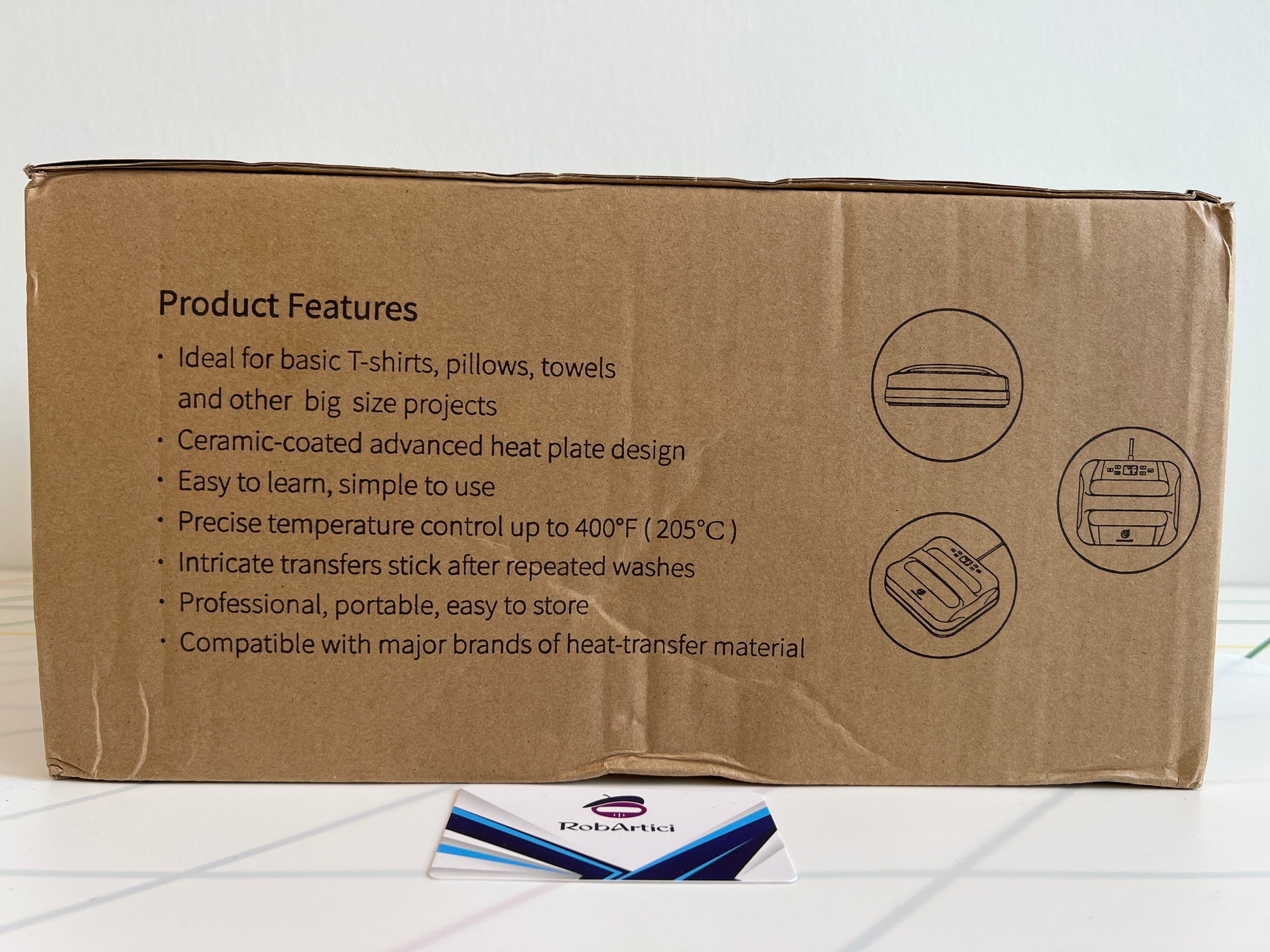 Easycount HP3 smart heat press machine retail packaging, listing the product features. 