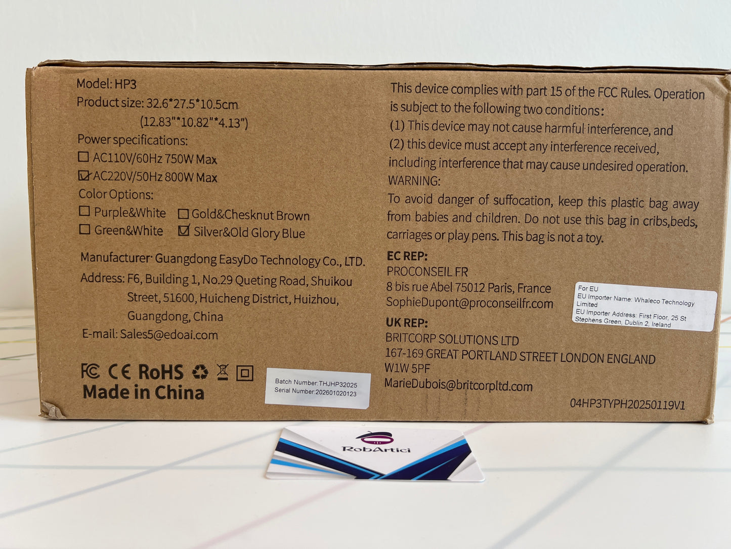 Easycount HP3 smart heat press machine retail packaging, listing the product specification. 