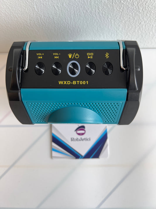 WXD-BT001 wireless Bluetooth speaker close-up showing control buttons.