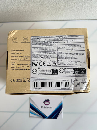 GMB310 job site wireless speaker retail packaging, showing product information. 
