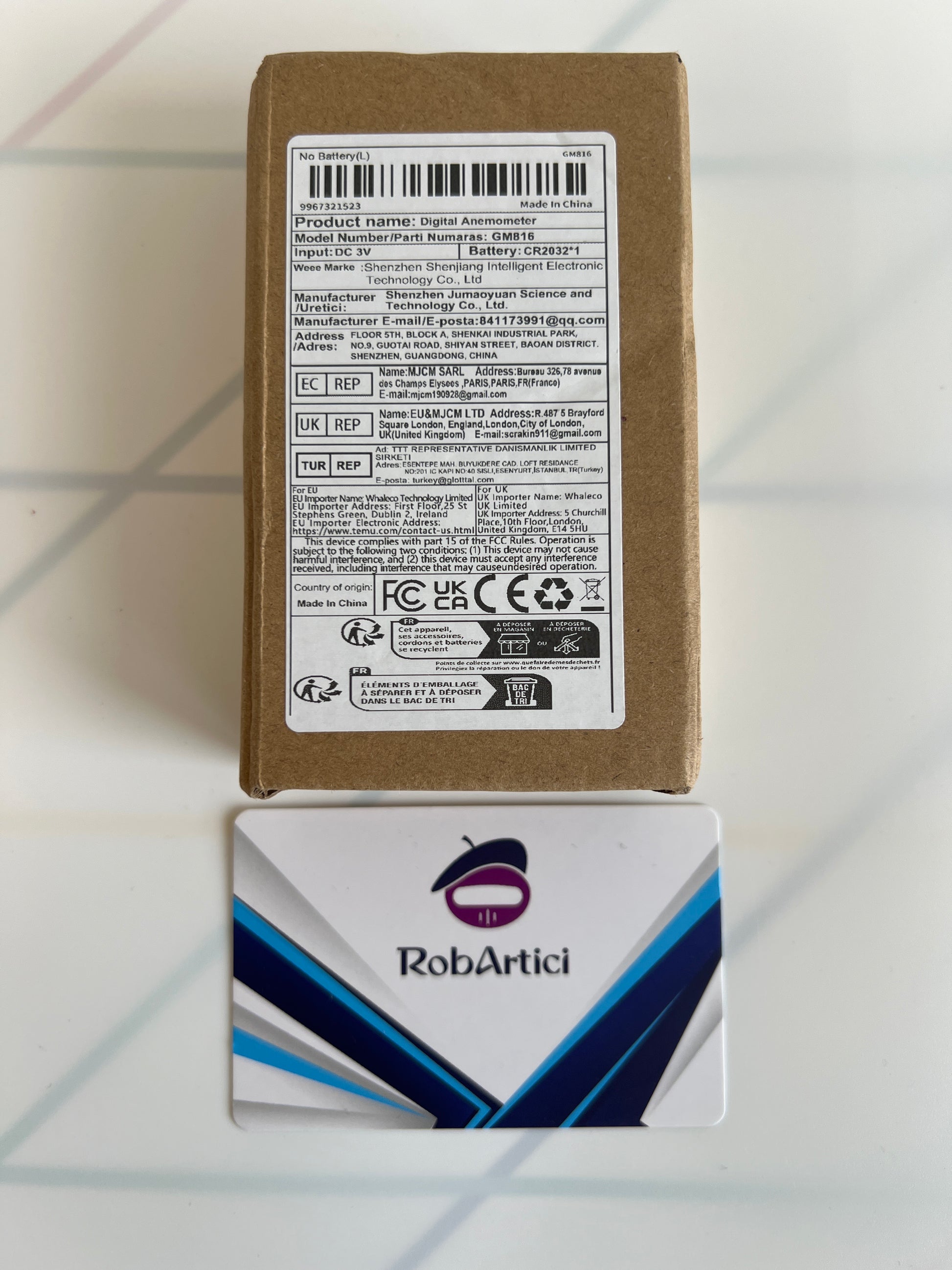 GM816 digital anemometer retail packaging showing product specifications