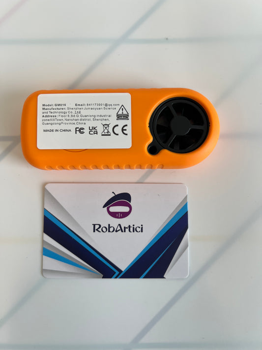 GM816 Digital Anemometer back view showing product information 