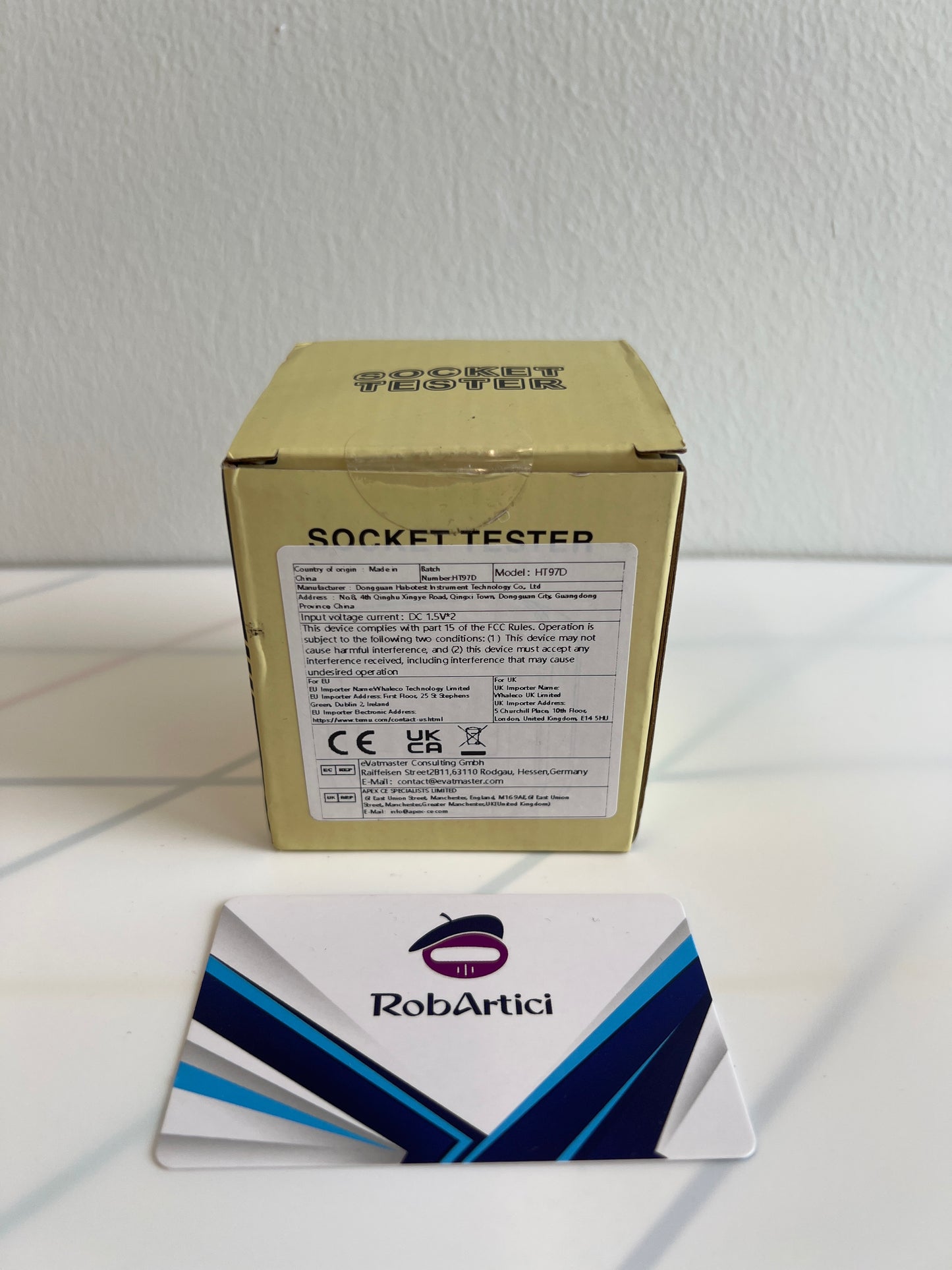 HT97D digital socket tester retail packaging, showcasing product information. 