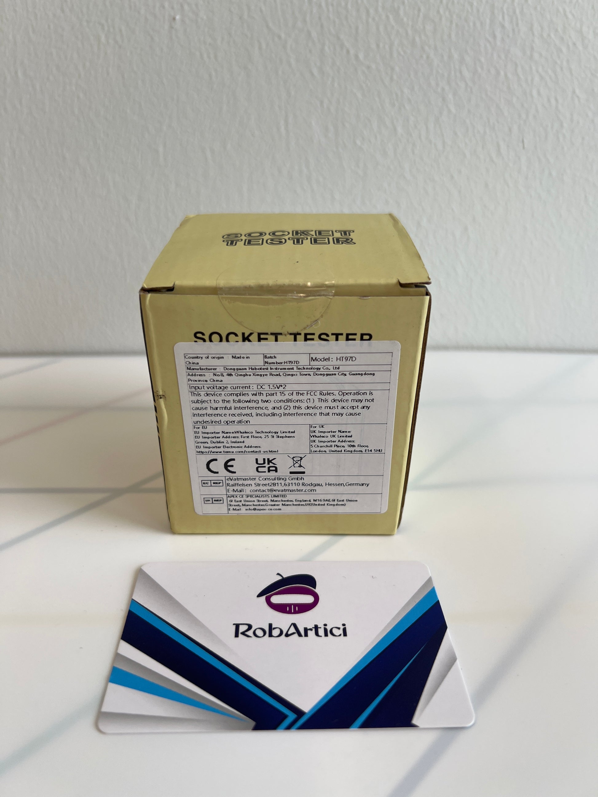 HT97D digital socket tester retail packaging, showcasing product information. 
