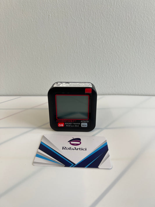 HT97D digital socket tester front view, showing display monitor and control buttons. 
