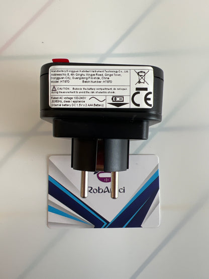 HT97D digital socket tester view of top, showing product information.