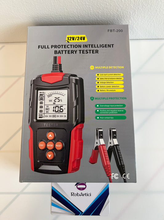 FBT-200 intelligent battery tester 12V/24V retail packaging front view.