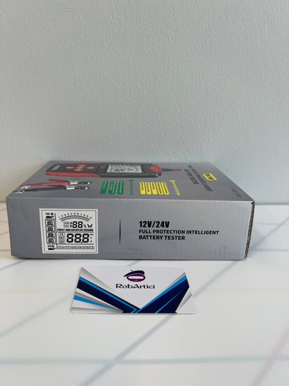 FBT-200 intelligent battery tester 12V/24V retail packaging side view.