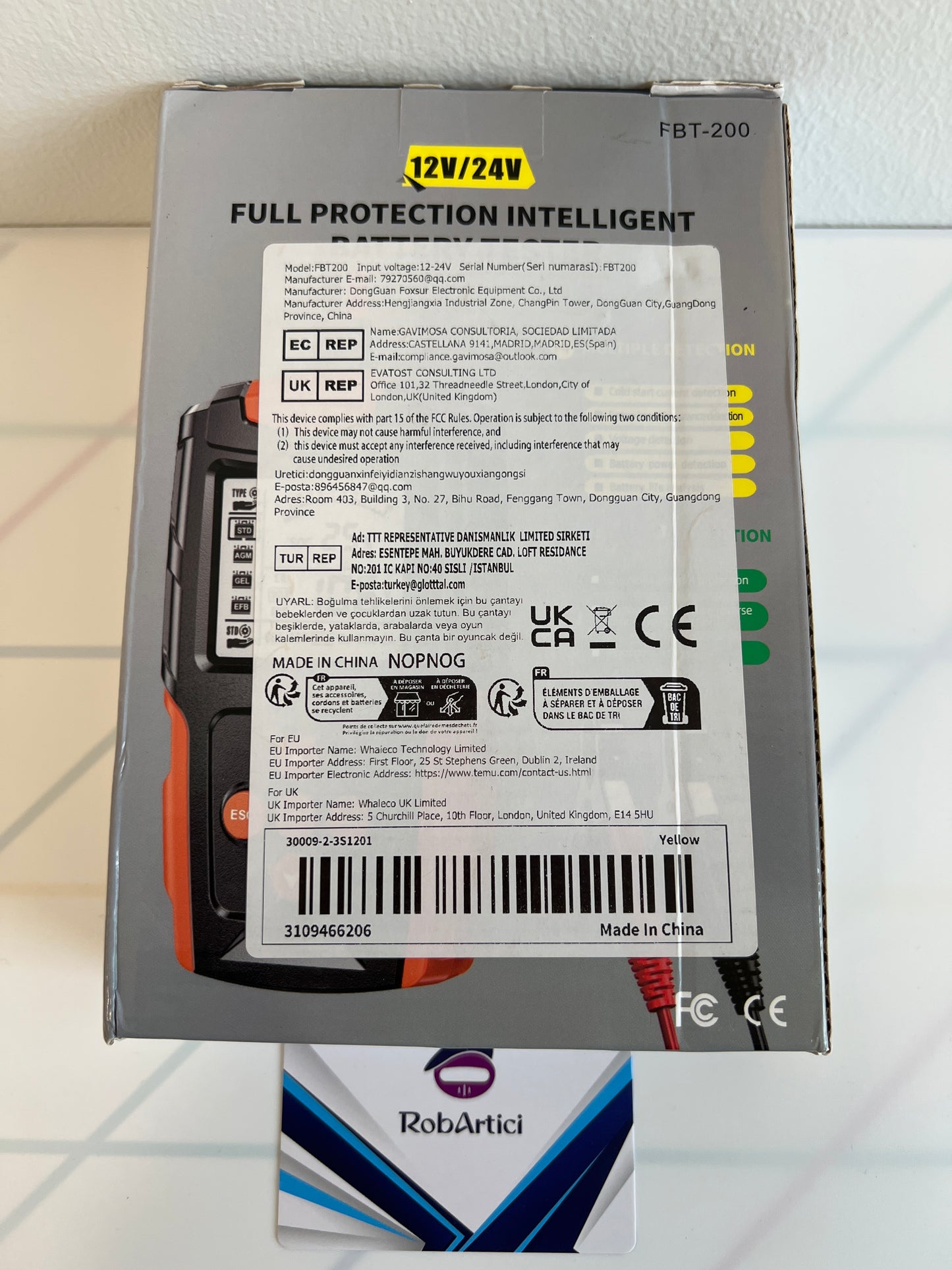 FBT-200 intelligent battery tester 12V/24V retail packaging back view, showing product information. 
