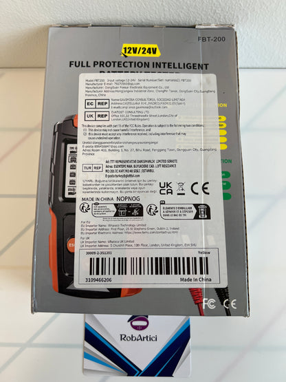 FBT-200 intelligent battery tester 12V/24V retail packaging back view, showing product information. 
