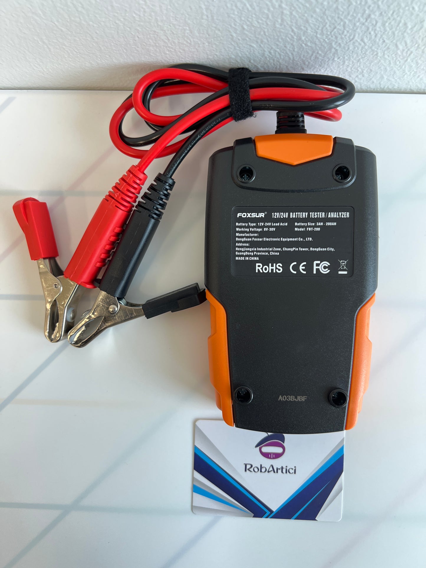 FBT-200 intelligent battery tester 12V/24V back side showing product information. 