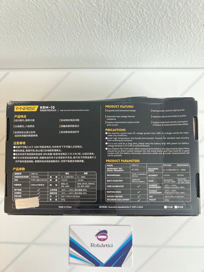FNIRSI HRM10 internal resistance tester retail packaging showcasing product information.