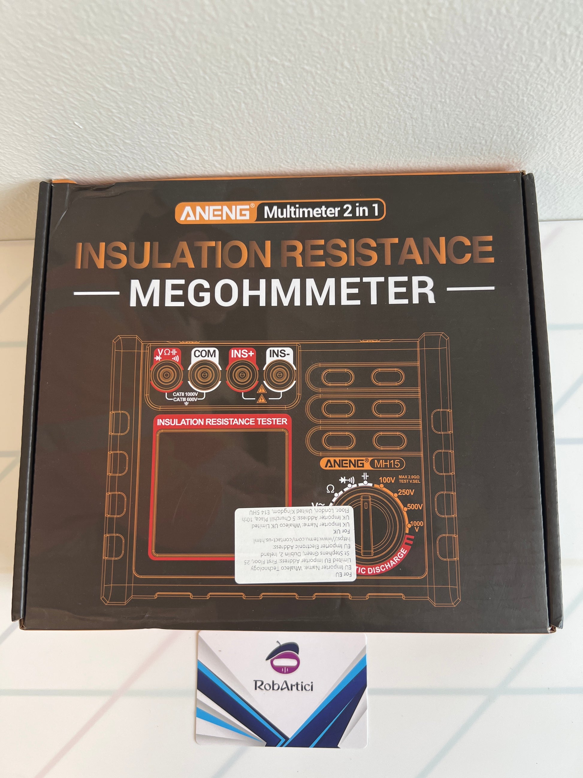 ANENG MH15 insulation resistance tester, front of retail packaging box.