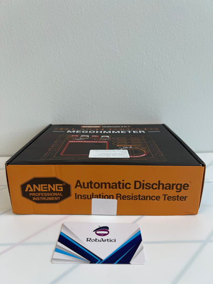 Side view of ANENG MH15 insulation tester product box highlighting automatic discharge feature. 