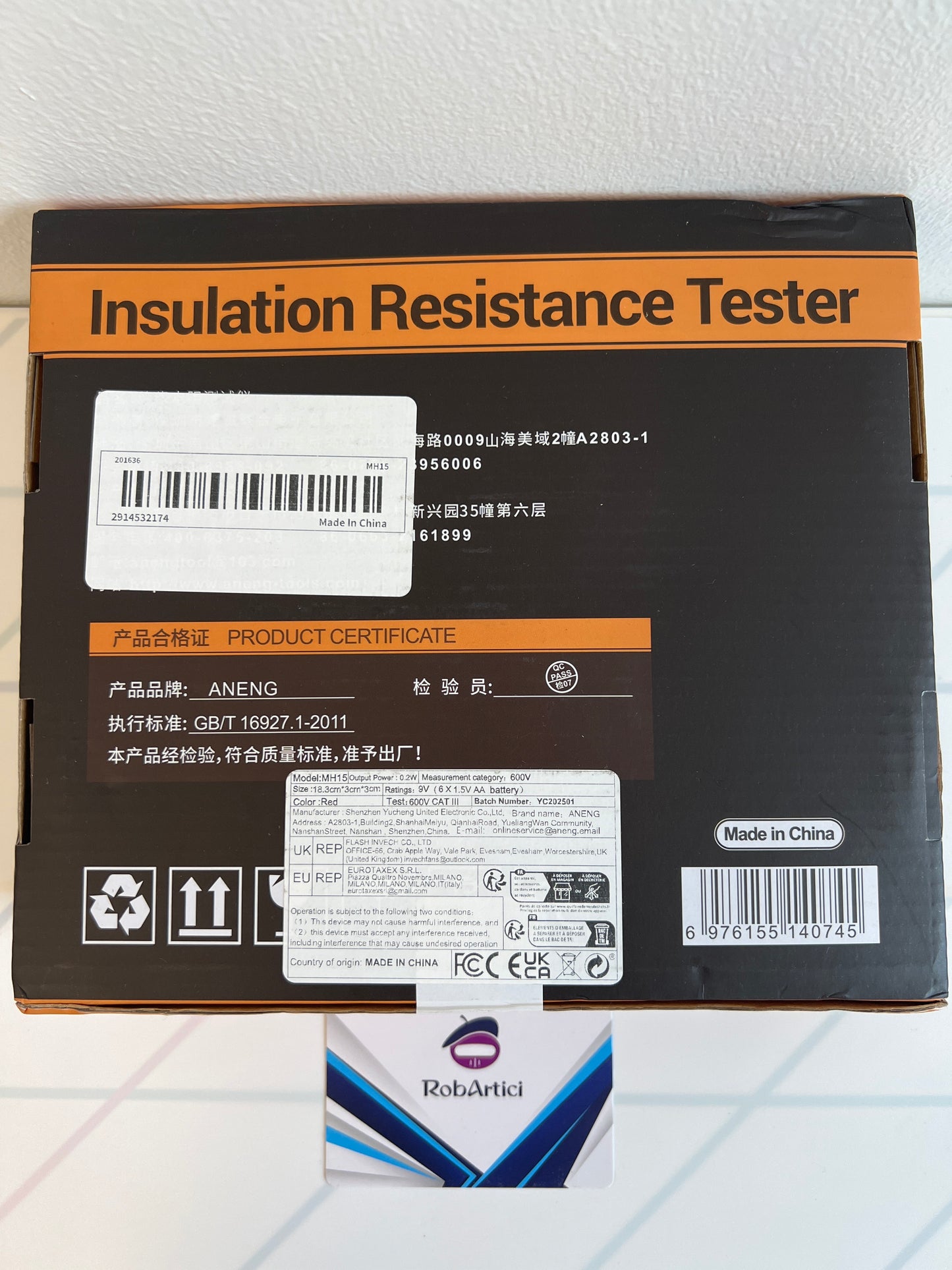 ANENG MH15 insulation resistance tester retail packaging box back view.