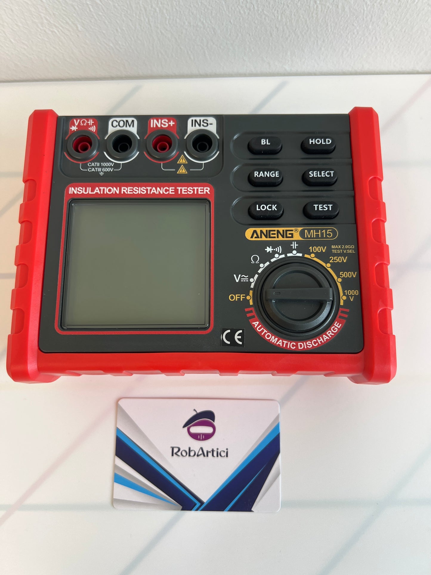ANENG MH15 insulation resistance tester front view showing LCD monitor, settings button, and input modules.
