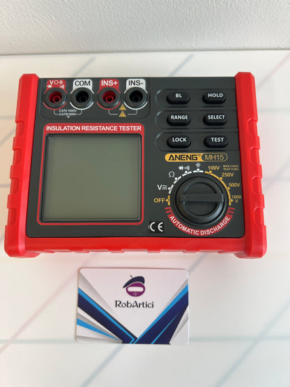 ANENG MH15 insulation resistance tester front view showing LCD monitor, settings button, and input modules.