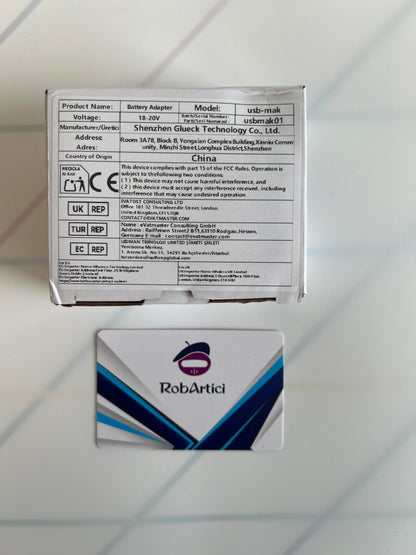 MAK01 battery adapter retail packaging, showcasing product information. 