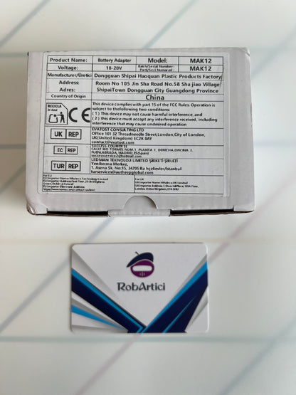 MAK12 battery adapter retail packaging, showcasing product specifications. 