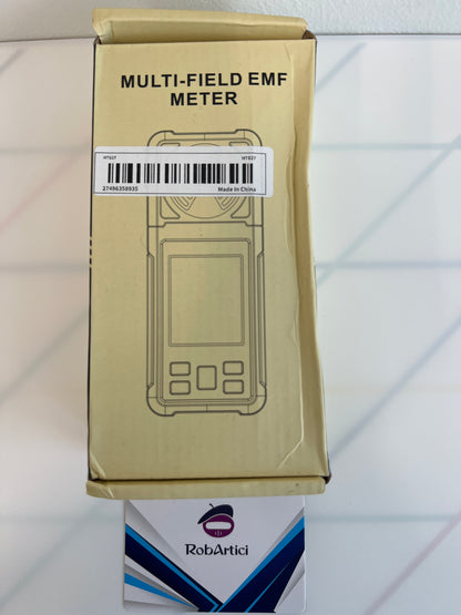 HT627 portable multi-field EMF meter retail packaging front side. 