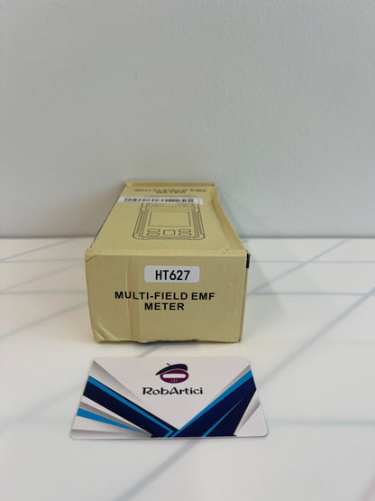 HT627 portable multi-field EMF meter retail packaging side view.