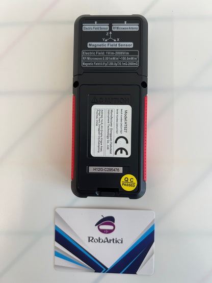 Back view of the HT627 portable EMF meter with product information.