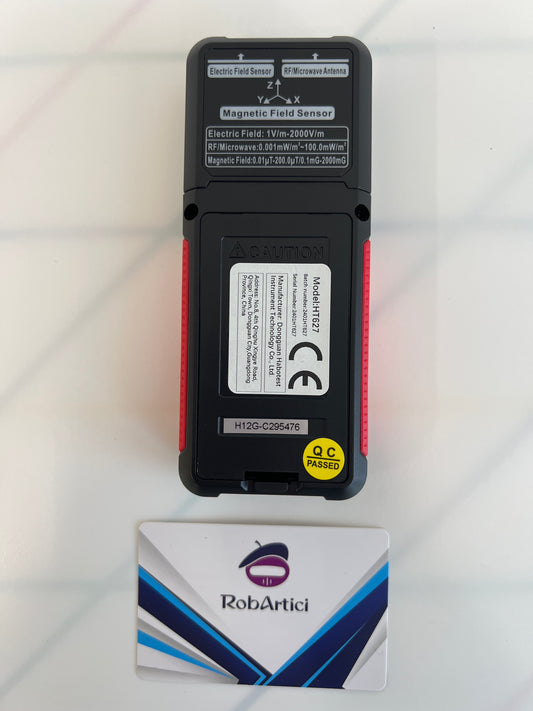 Back view of the HT627 portable EMF meter with product information.