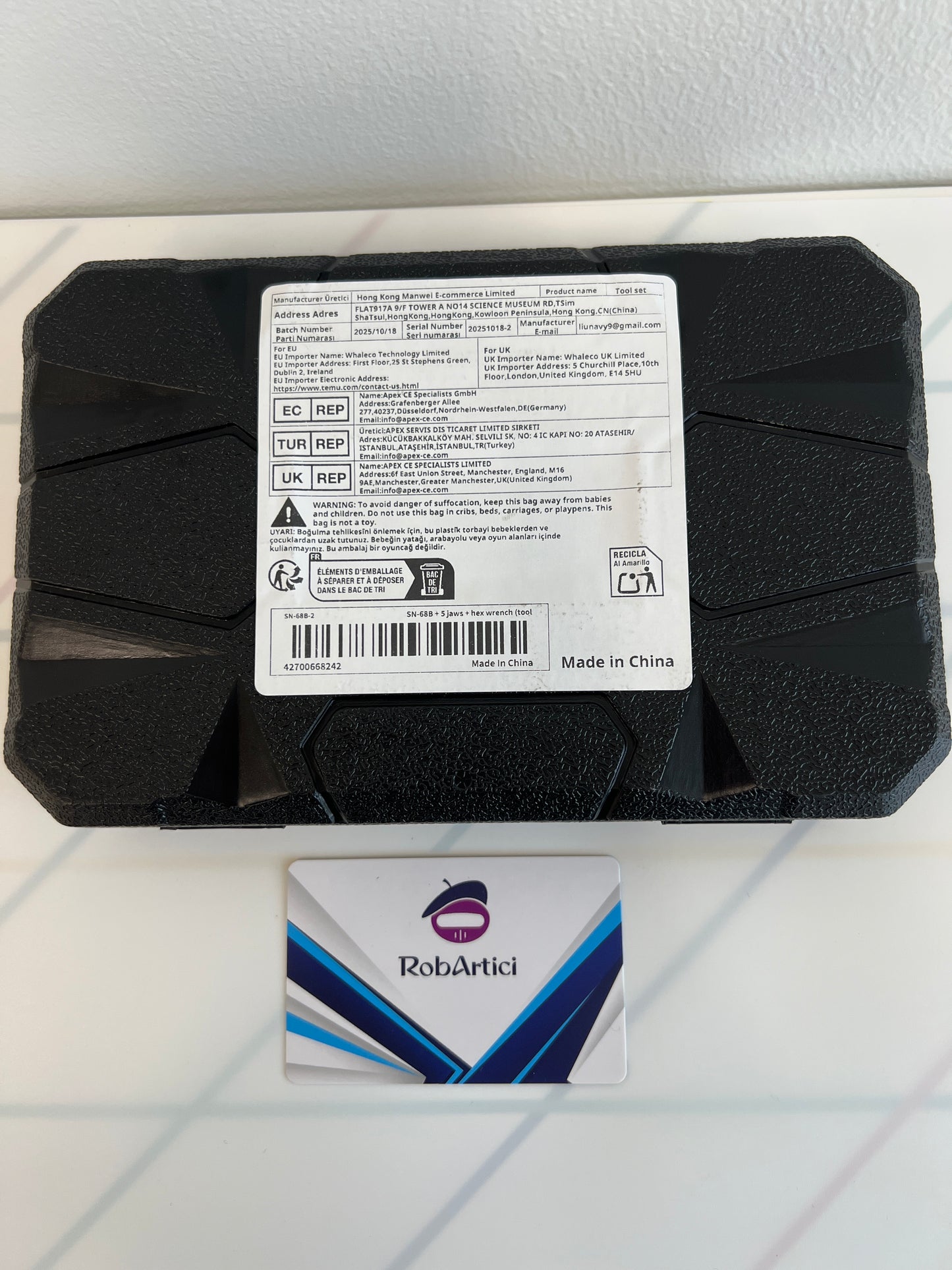 SN68B2 jaws and hex wrench tool set retail packaging showcasing product information.