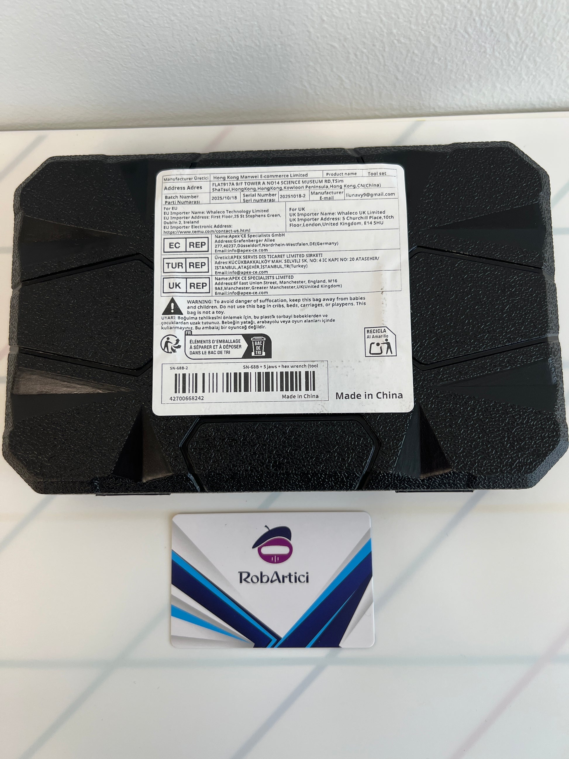 SN68B2 jaws and hex wrench tool set retail packaging showcasing product information.