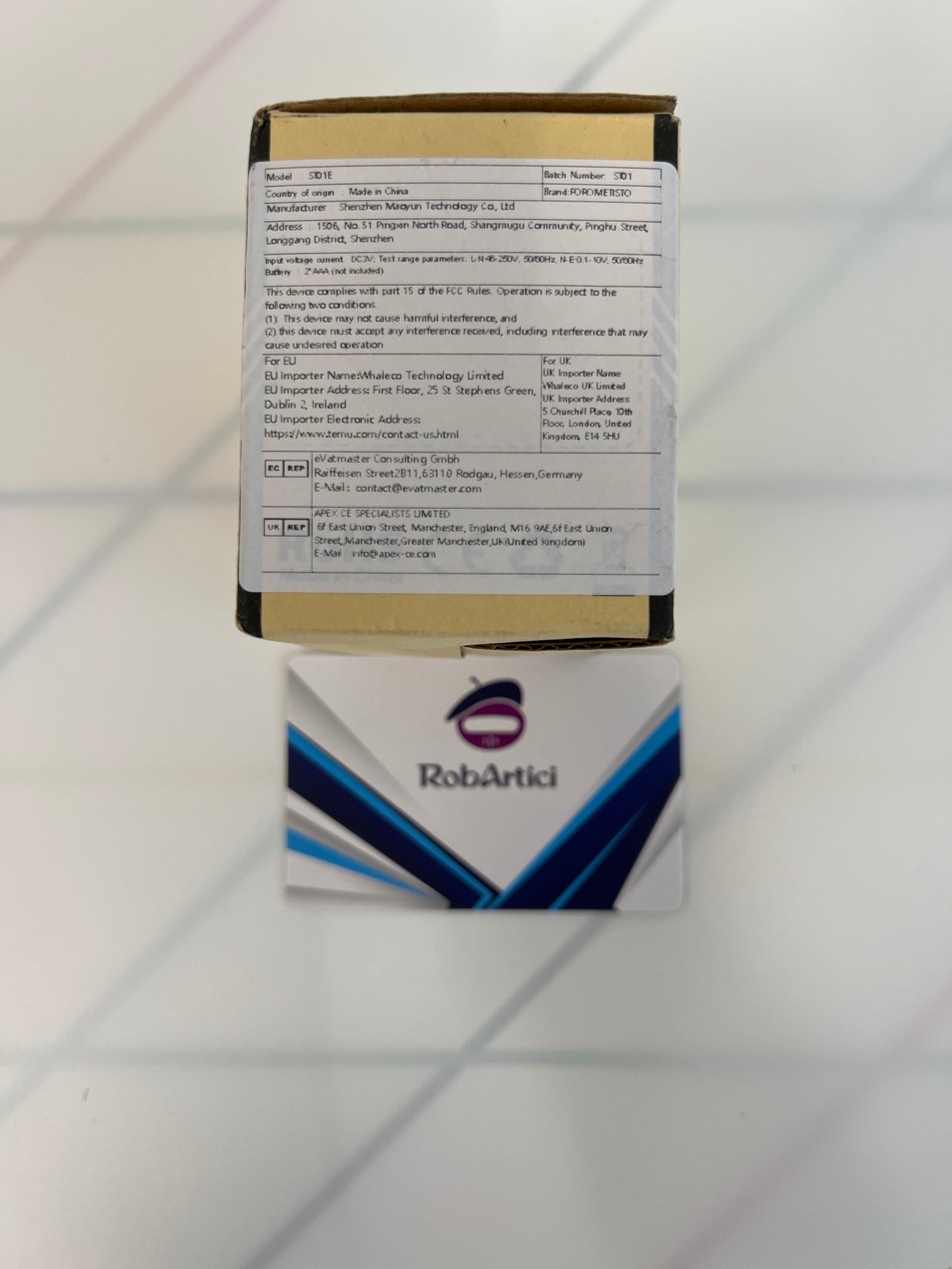 ST01E digital socket tester retail packaging showcasing product information.