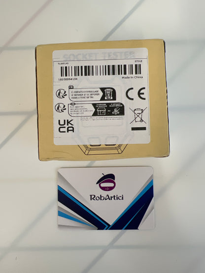 ST01E digital socket tester retail packaging showcasing product information.