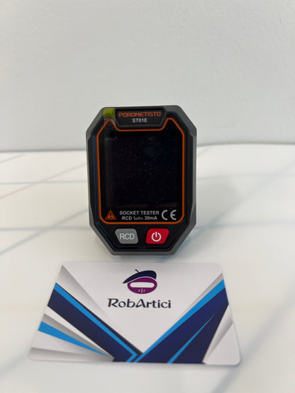 ST01E digital socket tester showcasing digital display monitor and control buttons.