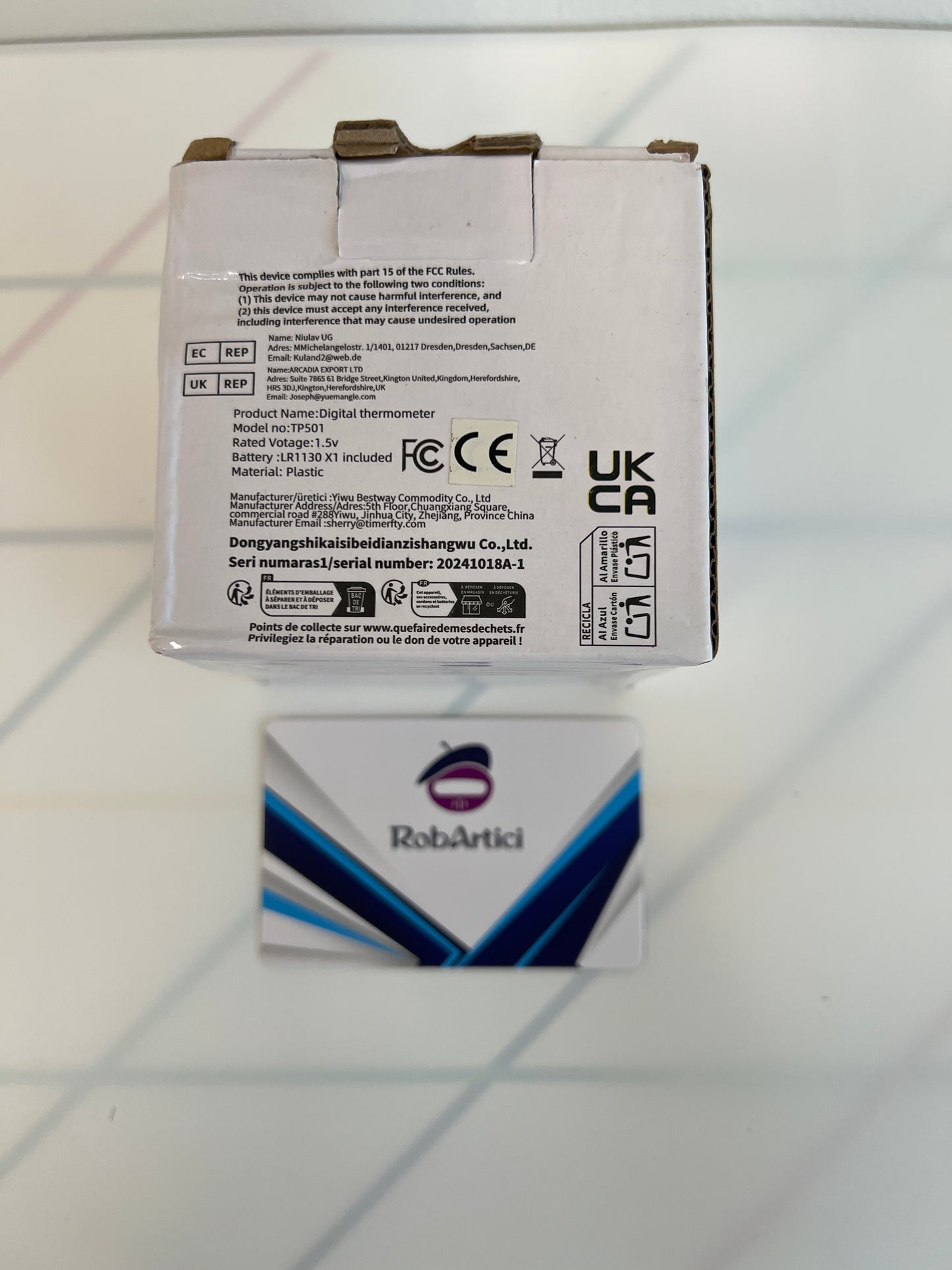 TP501 digital thermohygrometer retail packaging showcasing product information. 